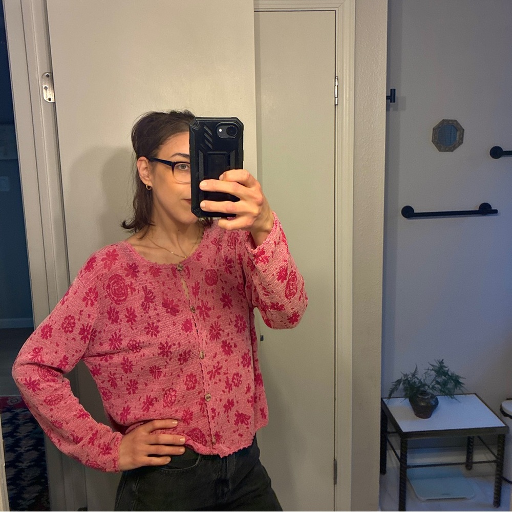 Vintage Y2K Sigrid Olsen Pink Floral Knit Button Front Cardigan